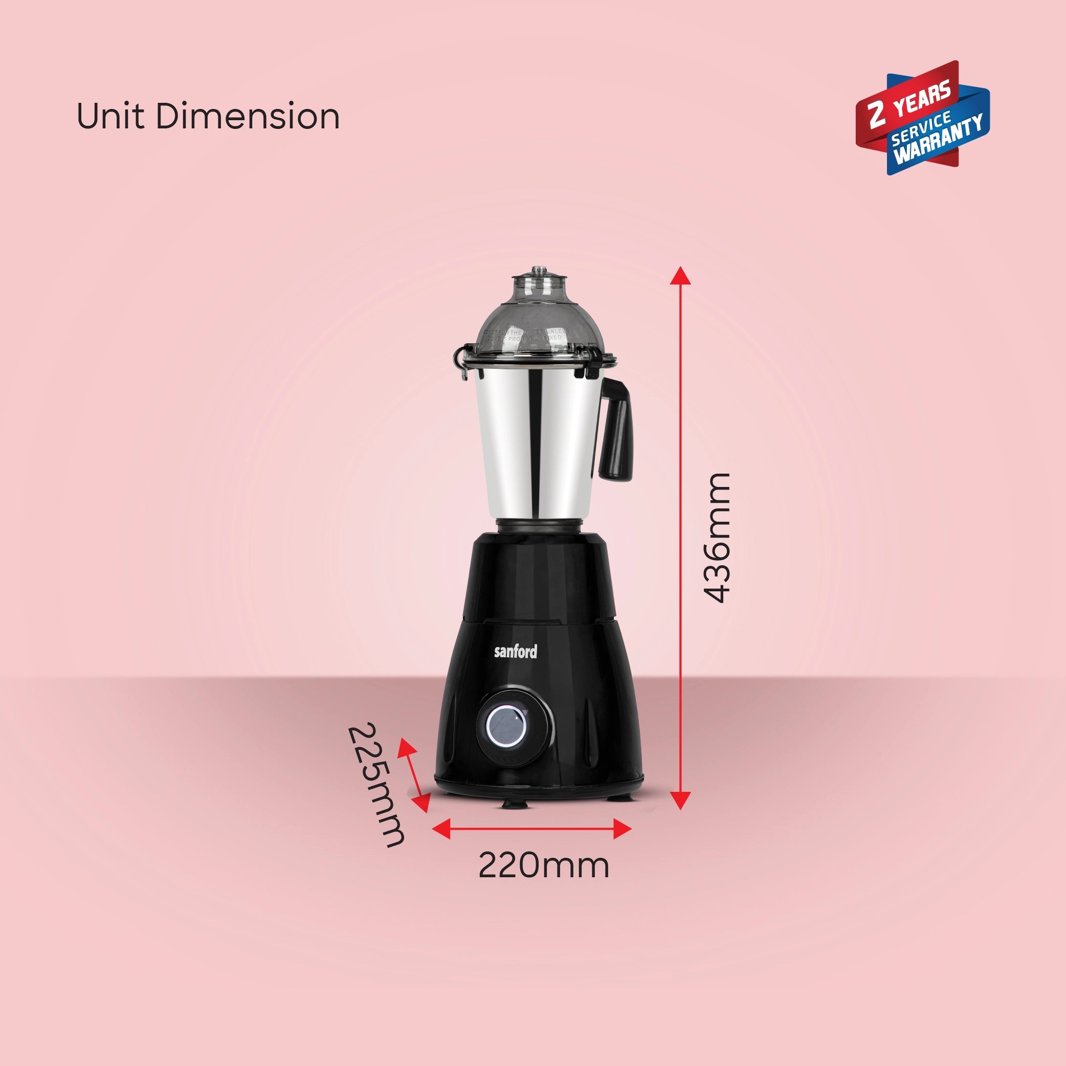 Sanford SF5901GM Mixer Grinder – unit dimensions, 220mm W x 225mm D x 436mm H