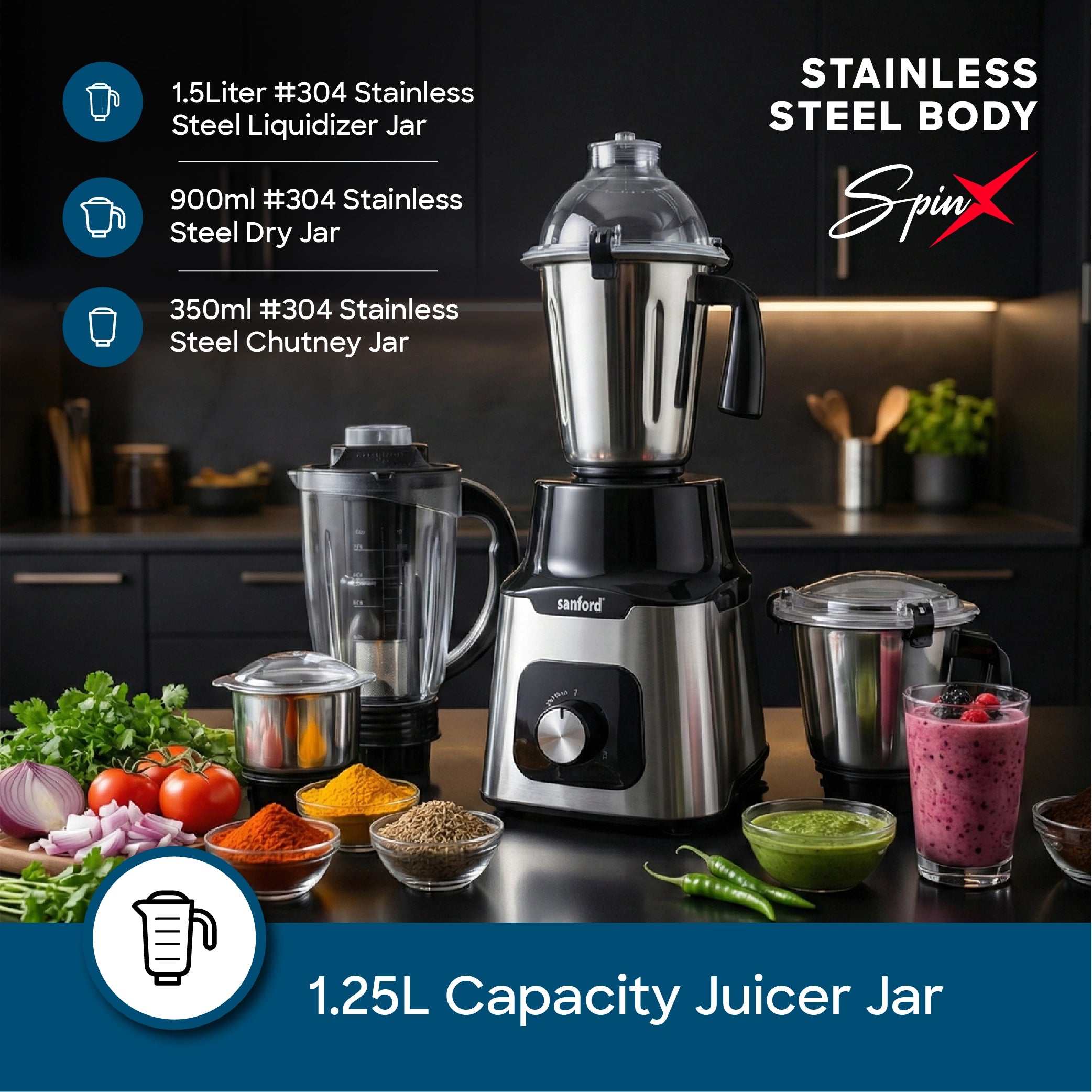 1200W mixer grinder 5 in 1 stainless steel 3 speed control sanford 3