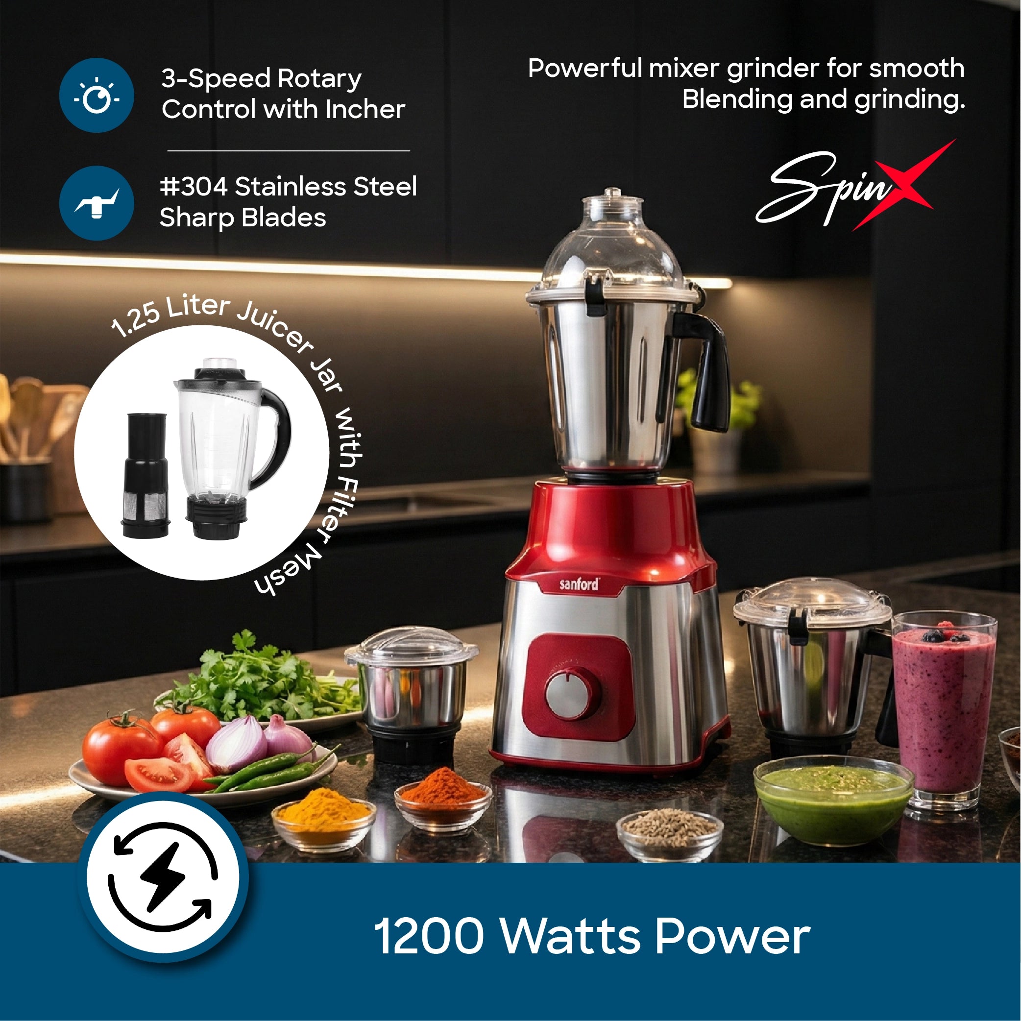 1200W mixer grinder 5 in 1 stainless steel 3 speed control sanford 4