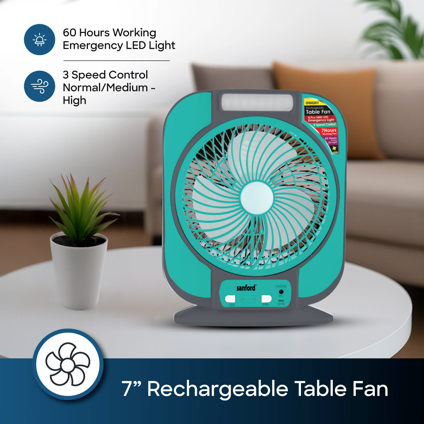 Sanford Table Fan Rechargeable 7-Inch Portable With LED Light and USB Charging – SF6652RTF - Sanford India