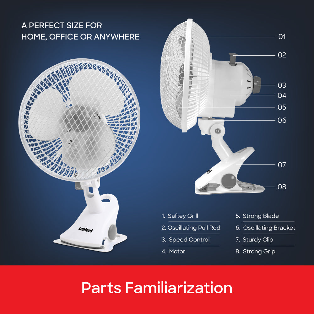 Sanford 8 Inch 3-in-1 Clip Fan with 360° Rotation and Quiet Motor | SF6660BFN - Sanford India