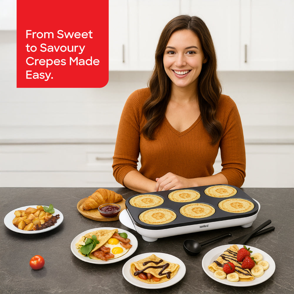Sanford 1000W Electric Crepe Maker with Non-Stick 6-Slot Cooking Plate | SF8052CM - Sanford India