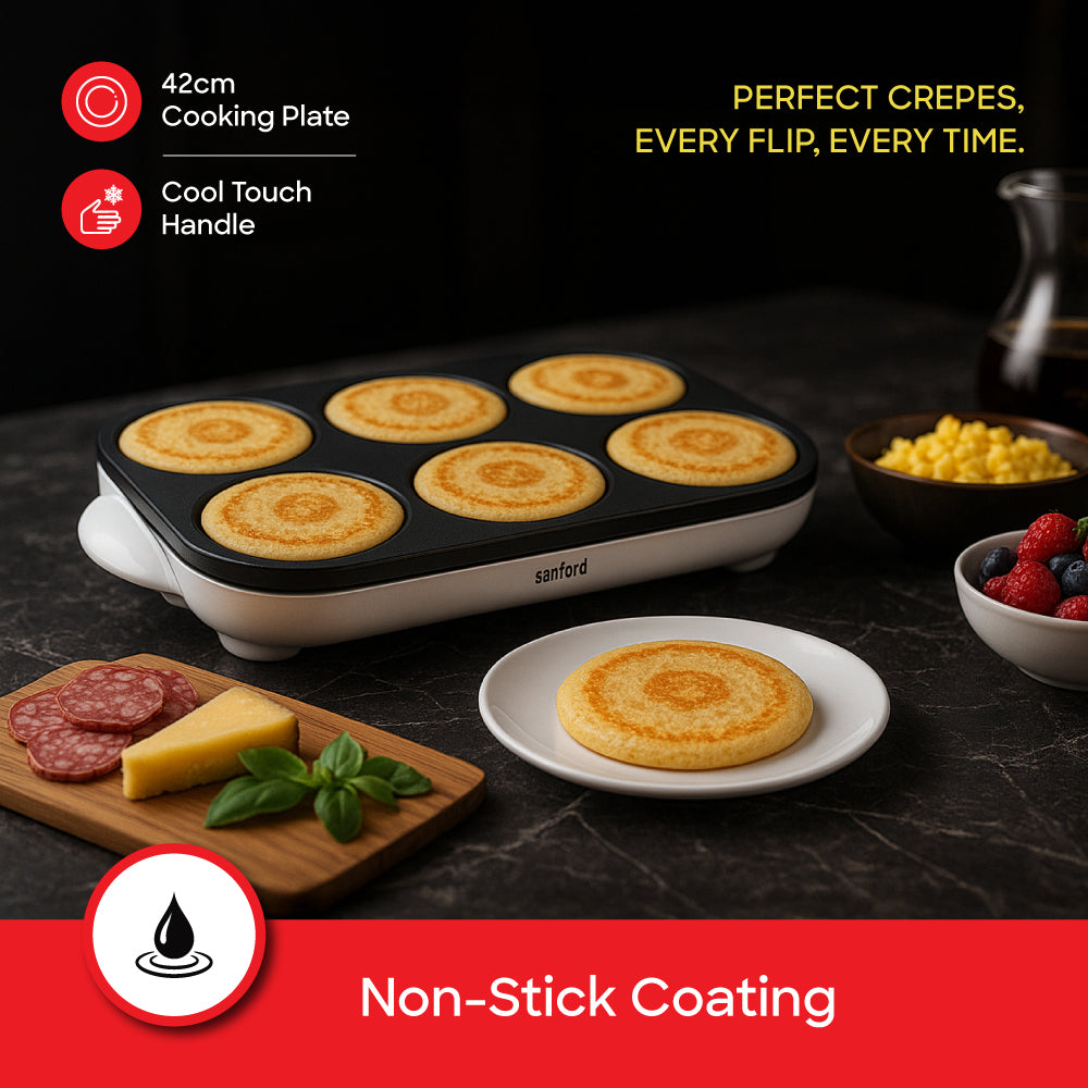 Sanford 1000W Electric Crepe Maker with Non-Stick 6-Slot Cooking Plate | SF8052CM - Sanford India