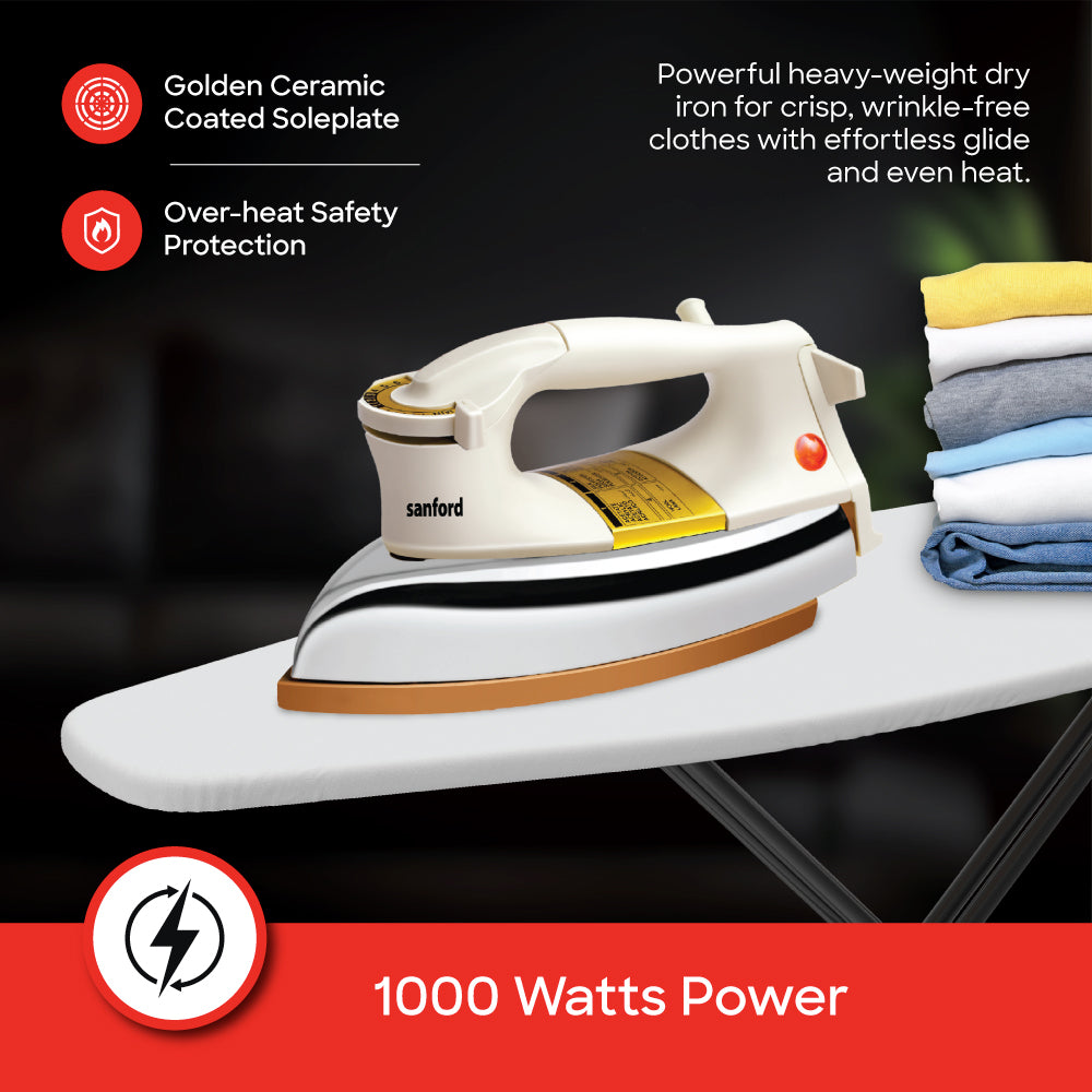Sanford 1000W Heavy Weight Dry Iron with Golden Ceramic Soleplate (SF82DI) - Sanford India