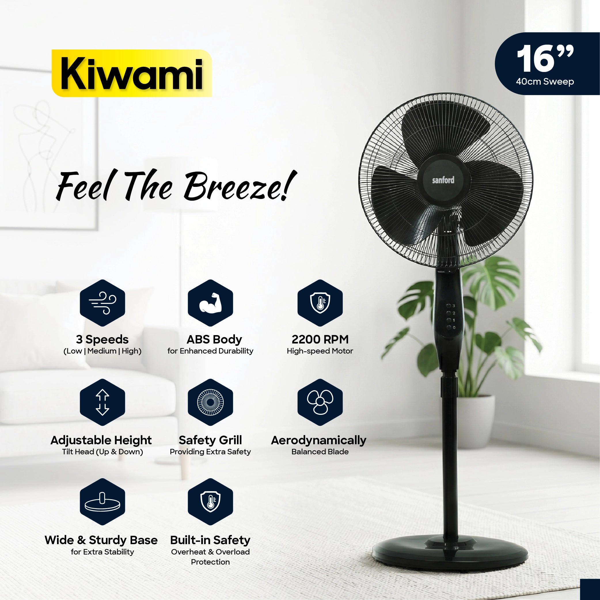 Sanford SF906S Kiwami 16" Stand Fan – 16 inch sweep feature callout