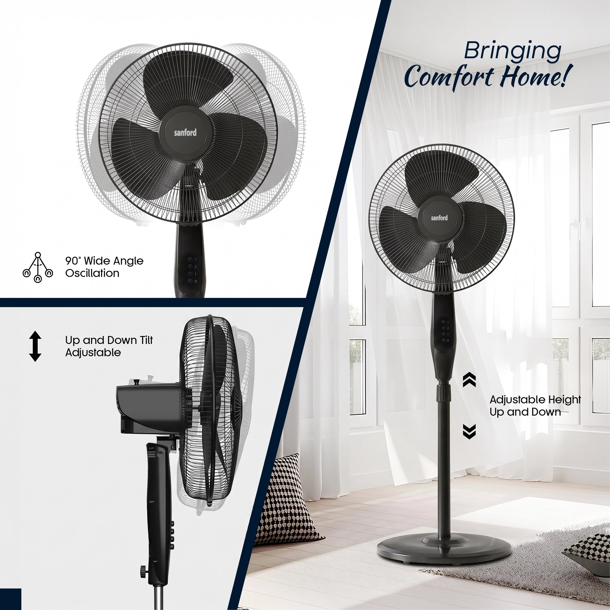 Sanford SF906S Kiwami 16" Stand Fan – wide-angle oscillation shown