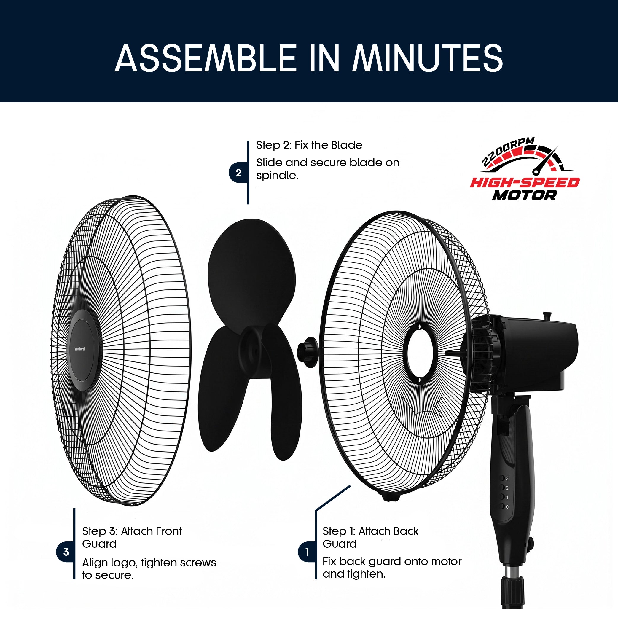 Sanford SF906S Kiwami 16" Stand Fan – quick, tool-free assembly