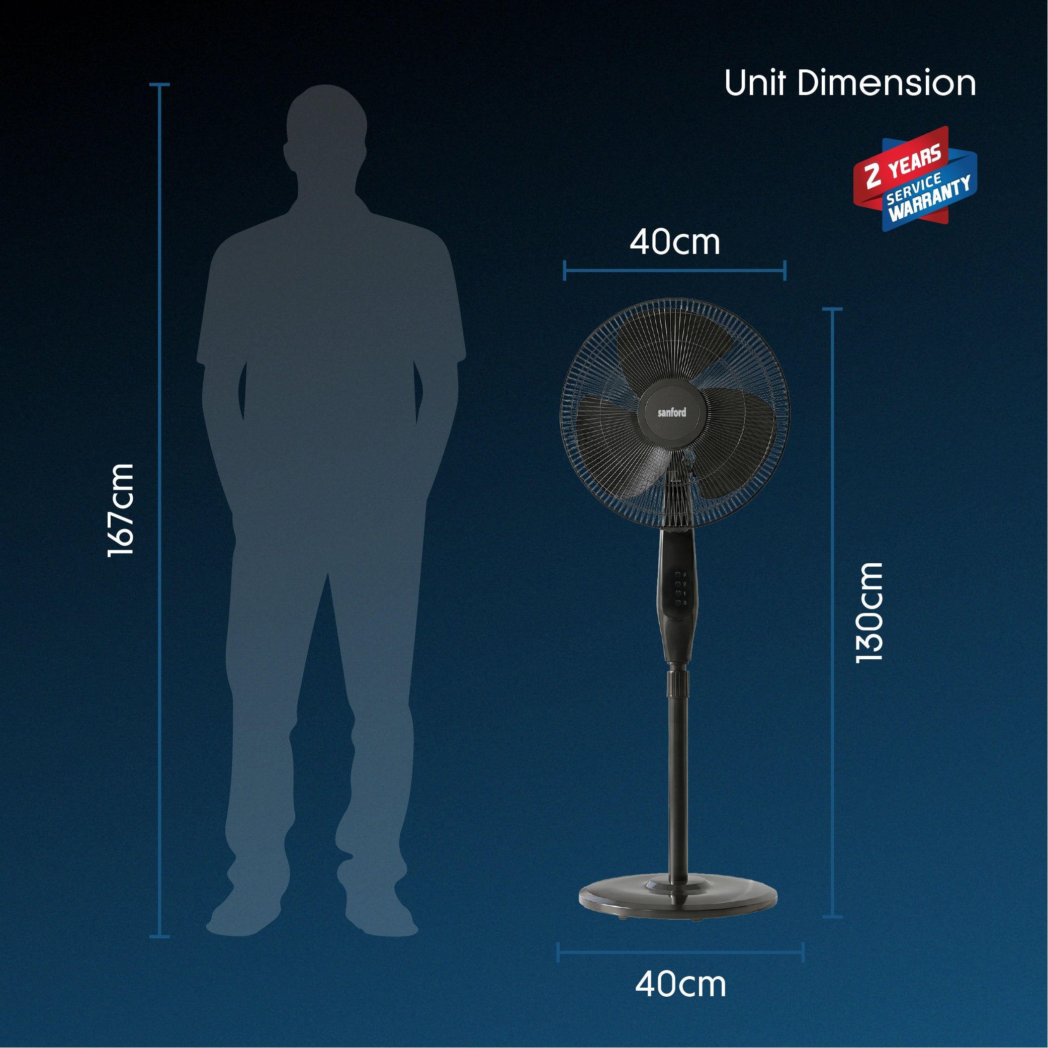 Sanford SF906S Kiwami 16" Stand Fan – unit dimensions, 40cm sweep x 130cm height x 40cm base