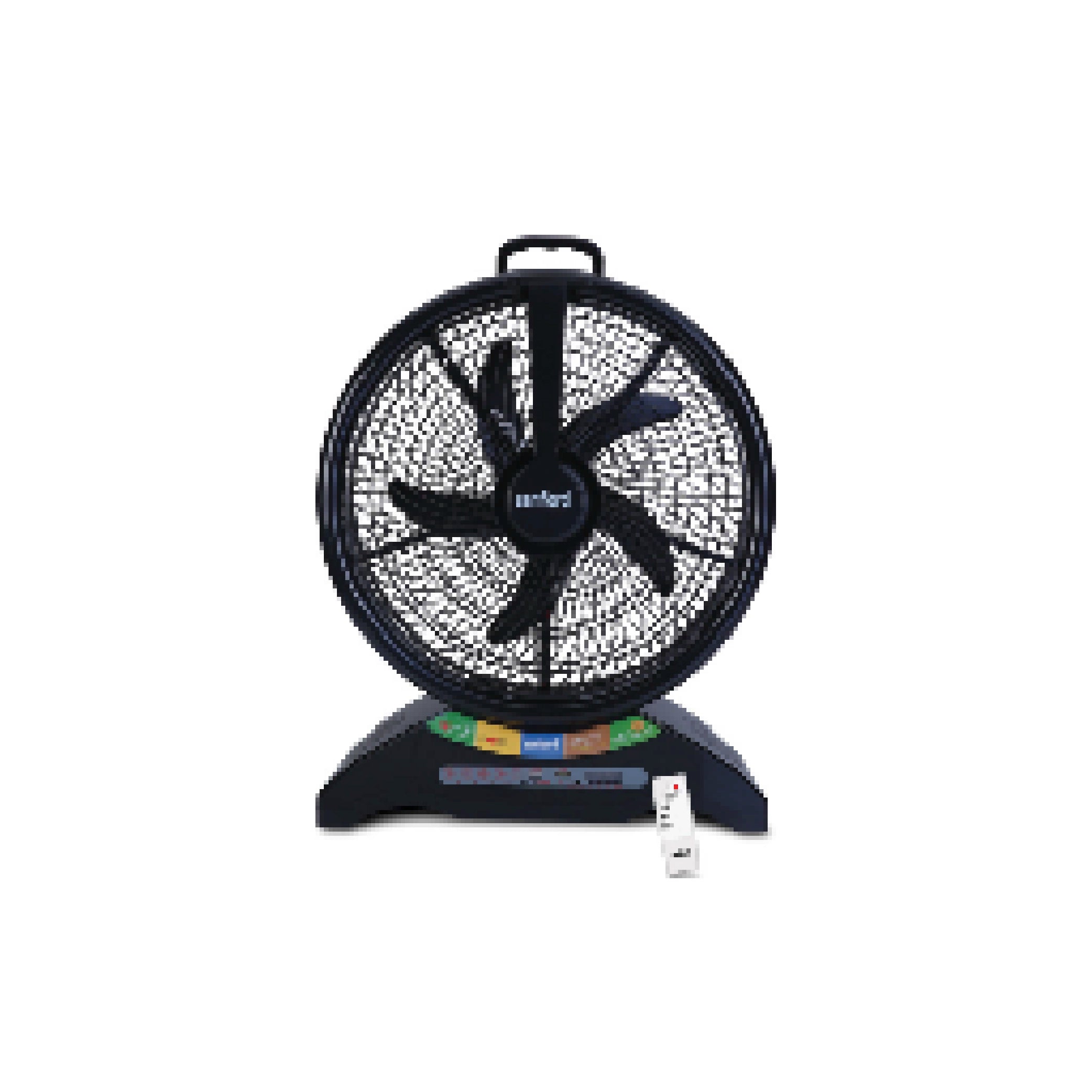 Sanford Rechargeable Table Fan – 14-inch table fan with protective grille, sturdy base, and remote control shown on a white background.