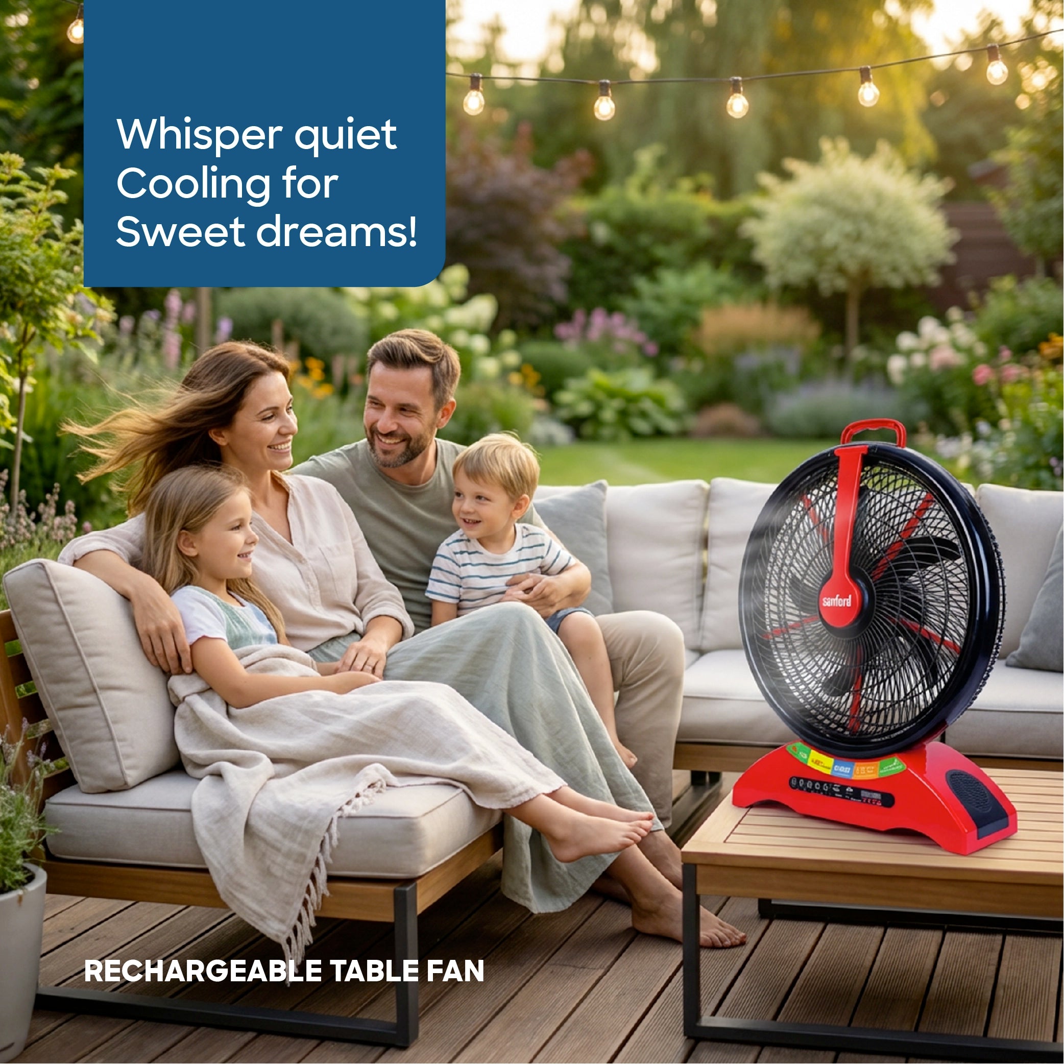 Sanford Rechargeable Table Fan – family relaxing outdoors beside the rechargeable table fan, highlighting quiet cooling for comfortable moments.