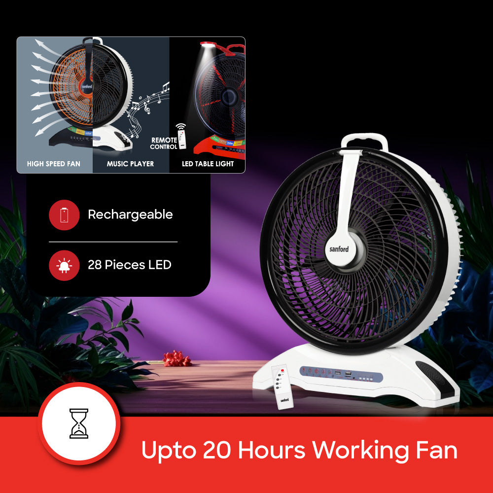 Sanford 14-Inch Rechargeable Table Fan with LED Light and Music System | SF918RTF - Sanford India