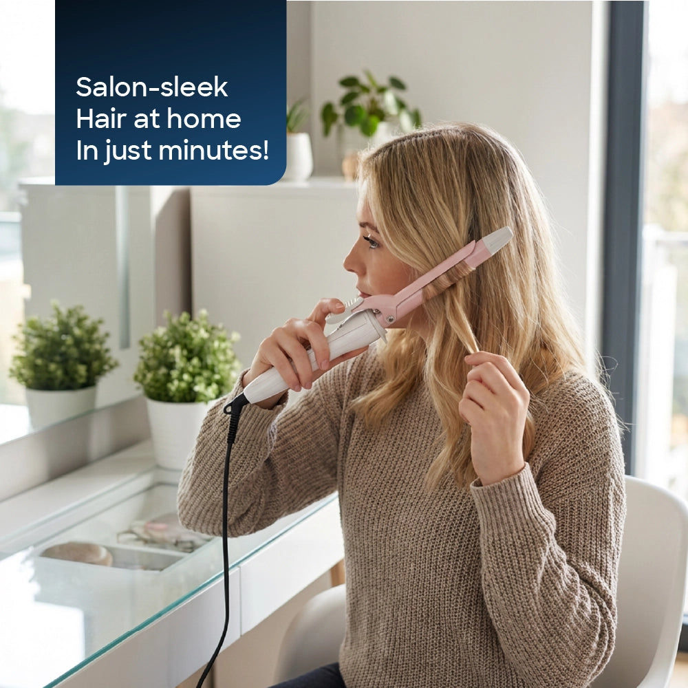 Sanford 40W Hair Curler – lifestyle image showing a woman styling her hair with the curler at home.