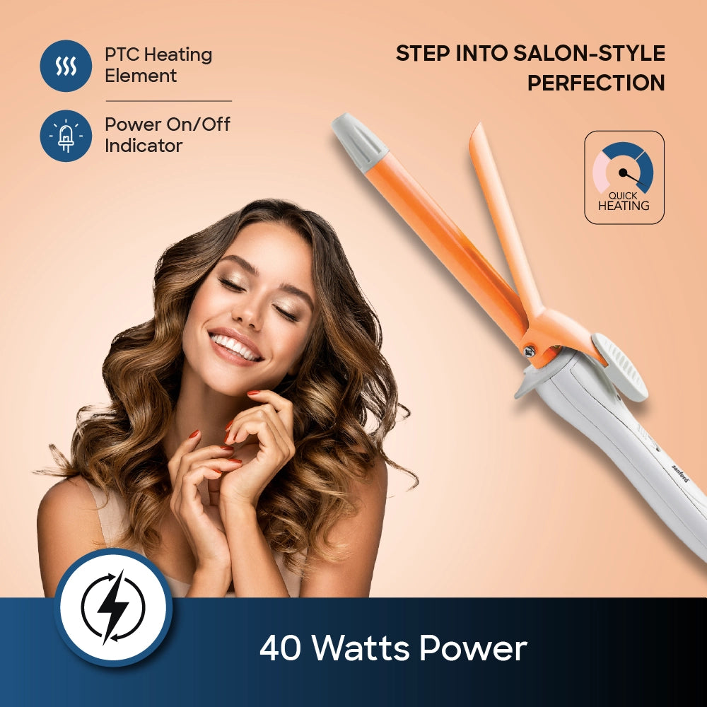 Sanford Hair Curler – feature graphic highlighting the PTC heating element, power indicator, and 40W power.