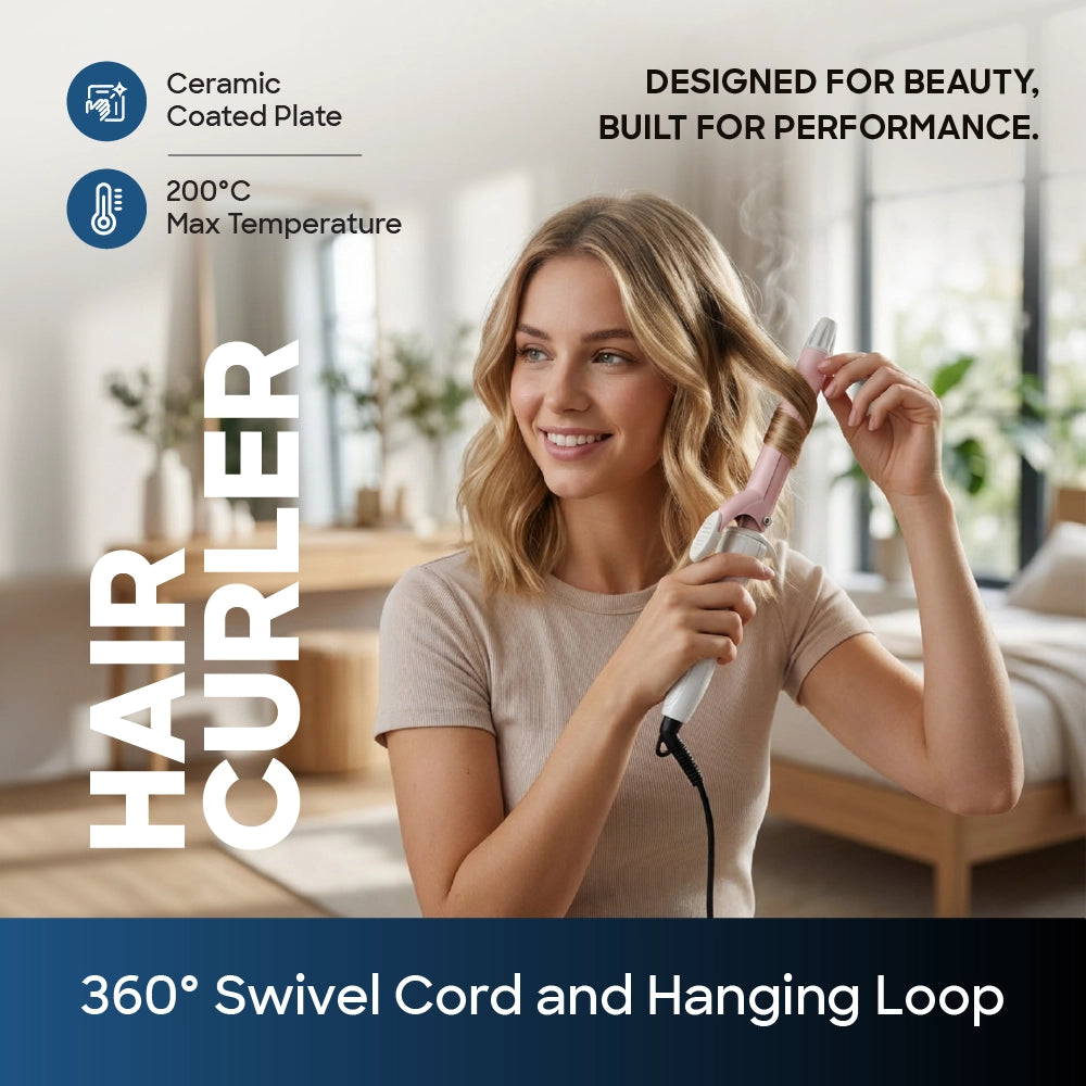 Sanford Hair Curler – promotional image showcasing the ceramic-coated plate, 200°C maximum temperature, and 360° swivel cord with hanging loop.