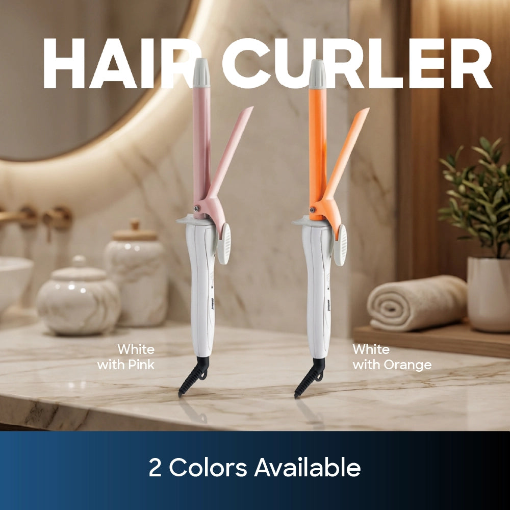 Sanford Hair Curler – comparison graphic displaying the white and pink and white and orange colour options.