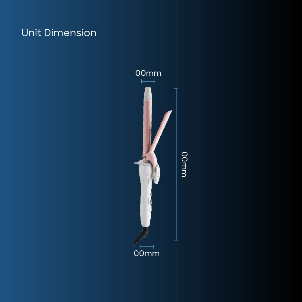 Sanford Hair Curler – product dimensions image with a 1-year warranty badge.