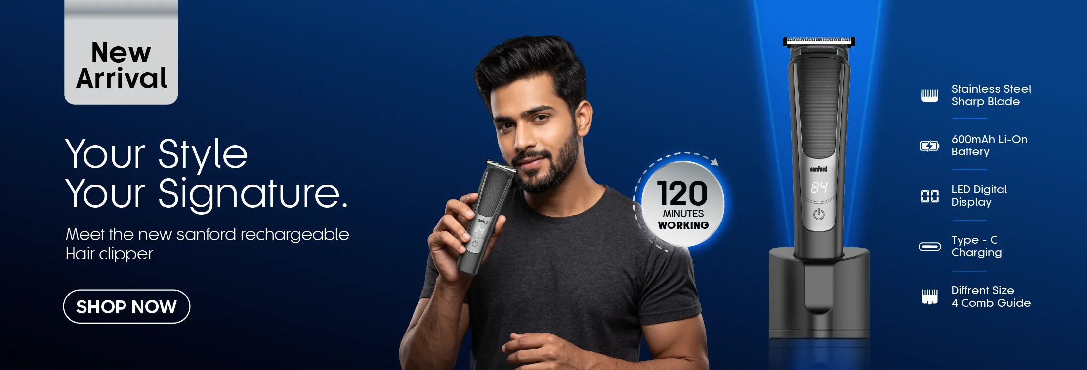 Sanford Rechargeable Hair Clipper – promotional banner featuring a man holding the clipper, charging dock display, 120 minutes working time and key features including stainless steel sharp blade, 600mAh Li-ion battery, LED digital display, Type-C charging and four comb guides
