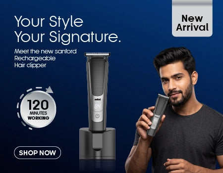 Sanford Rechargeable Hair Clipper – promotional image featuring the rechargeable clipper, 120 minutes working time, new arrival message and a man holding the clipper for grooming use
