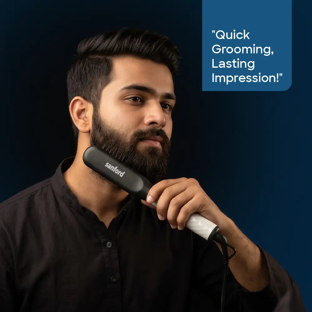 Sanford Beard Straightener 2 in 1 with Titanium Plates – lifestyle shot of man using the beard and hair straightener