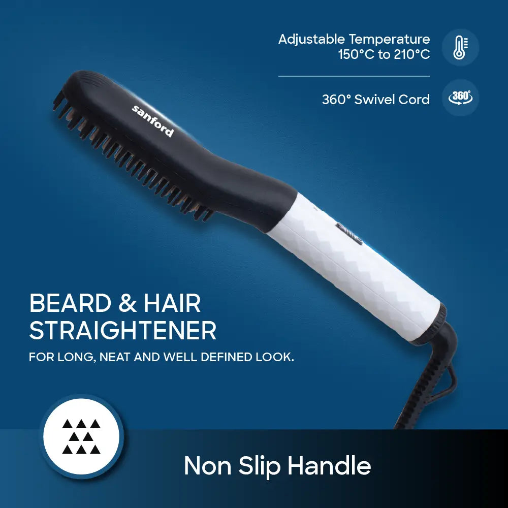 Sanford Beard Straightener 2 in 1 with Titanium Plates – adjustable temperature from 80°C to 210°C, 360° swivel cord and non-slip handle feature callout