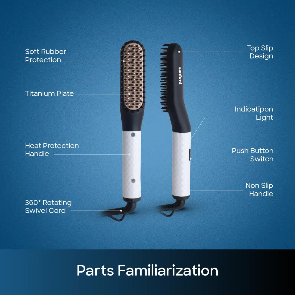 Sanford Beard Straightener 2 in 1 with Titanium Plates – parts familiarization showing soft rubber protection, titanium plate, heat protection handle, indicator light and push button switch