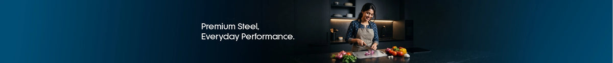 Sanford Cookware – promotional banner featuring a woman preparing vegetables in the kitchen with the message “Premium Steel, Everyday Performance” and fresh ingredients arranged on the countertop
