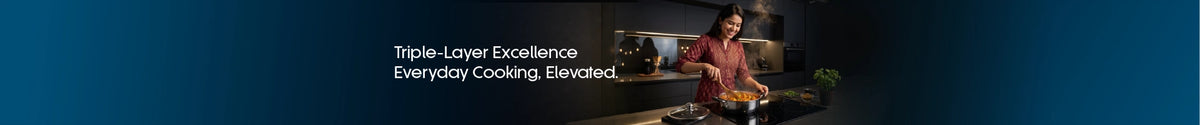 Sanford Cookware – promotional banner featuring a woman cooking with cookware in the kitchen and the message “Triple-Layer Excellence, Everyday Cooking, Elevated”
