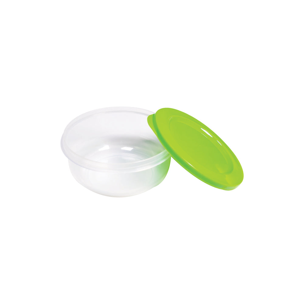 Food Grade Bowl with Lid – transparent food storage bowl paired with a bright green lid, displayed separately on a white background.