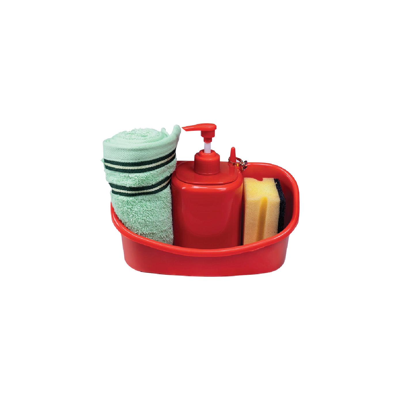 Soap Dispenser with Sponge, Towel & Ring Holder – red sink organiser featuring a pump soap dispenser, cleaning sponge, folded towel, and ring holder on a white background.