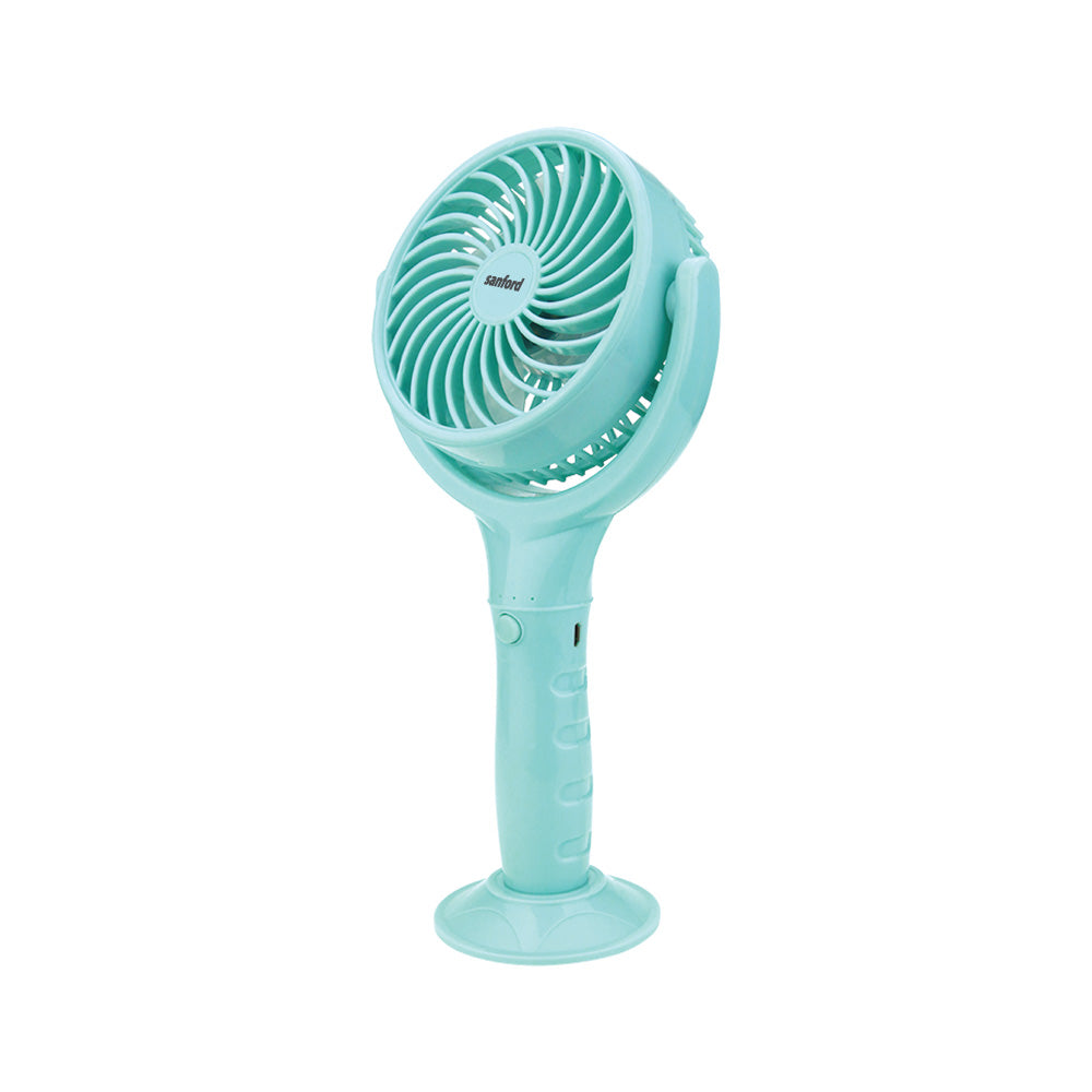 Turquoise handheld fan on a white background